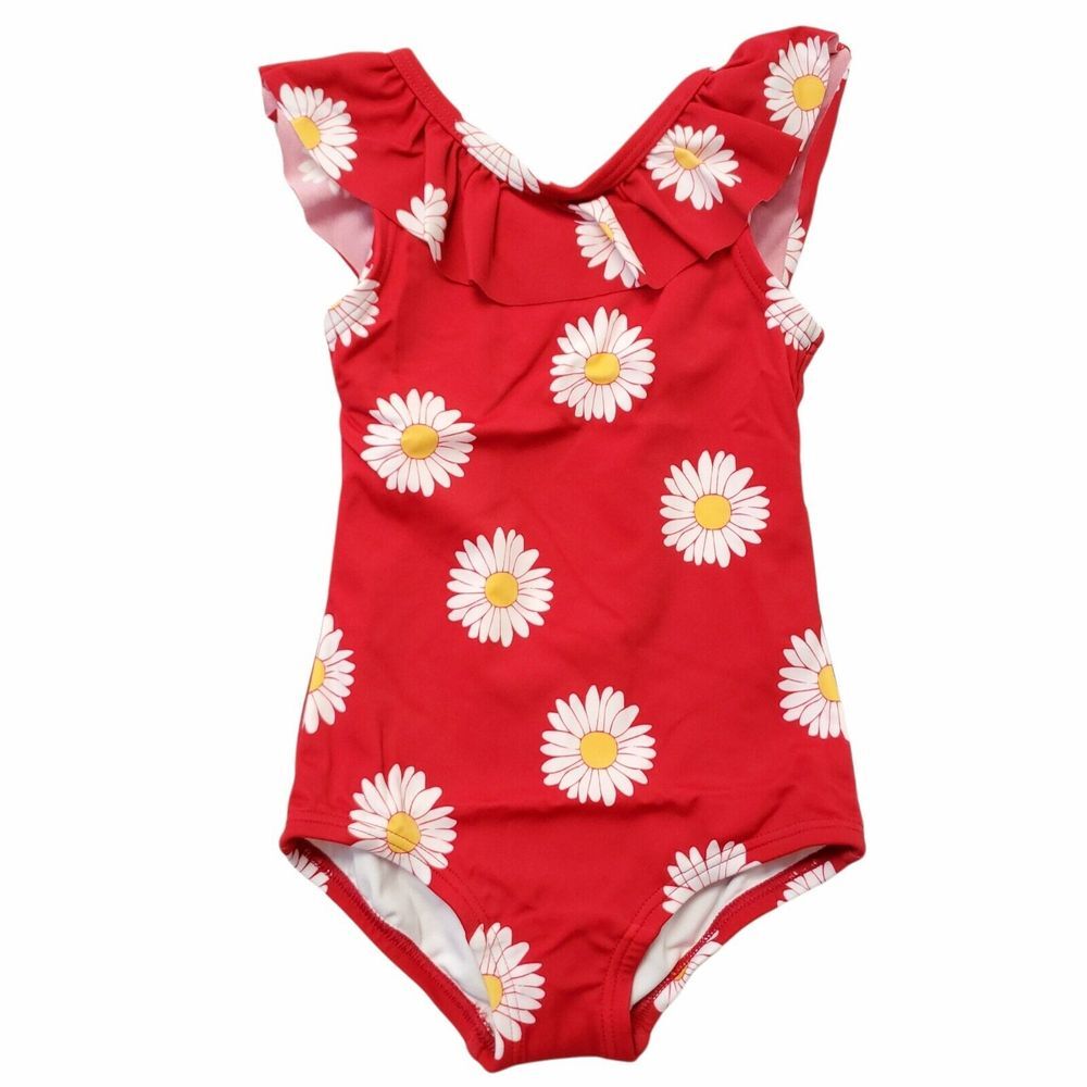 Hanna Andersson Sunblock Swimsuit Sz 2T Red Floral Ruffle One Piece 85 CM